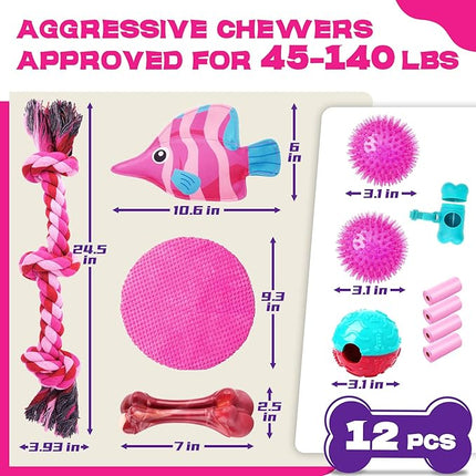 Zeaxuie 12 Pack Long-Lasting Heavy Various Dog Chew Toys Pack for Aggressive Chewers-Includes Large Rope Toys,Squeaky Toys & Indestructible Chew Bone for Medium,Large & X-Large Female Dogs