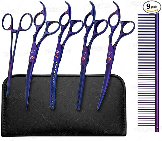 Dog Grooming Scissors,Purple Curved Chunkers Shears with Safety Round Tips,Sharp and Durable 6 in 1 Dog Scissors for Grooming