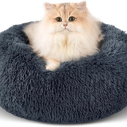 Dog Calming Beds for Small Medium Large Dogs - Round Donut Washable Puppy Dog Bed, Anti-Slip Faux Fur Fluffy Donut Cuddle Anxiety Cat Pet Bed(16" Dark Grey)