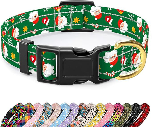 Reflective Dog Collar, Cute Christmas Style Dog Collars for Medium Dogs, Soft Nylon Puppy Collar for Boy and Girl Female Dog, Adjustable Heavy-Duty Pet Collar with Quick Release Buckle, Green