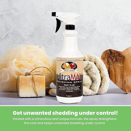 Best Shot UltraMAX Pro Finishing Spray, Ideal Detangler Spray for Pets, Hydrating and Soothing Pet Grooming Spray, for Dogs and Cats, 34 Oz.