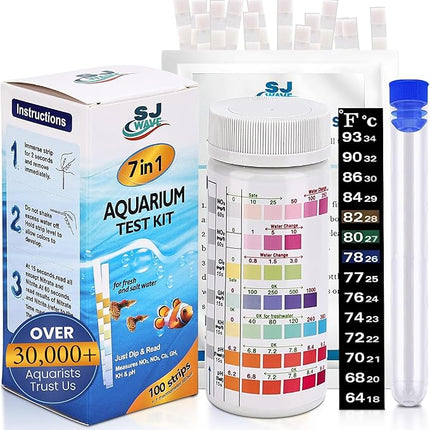 7 in 1 - Aquarium Test Strips | 100 Fast & Accurate Strips | Fish Tank Aquariums Water Test Kit & ebook | Aquarium Thermometer | Fish Tank Water Testing Kit for Fresh & Saltwater | Versatile Usage