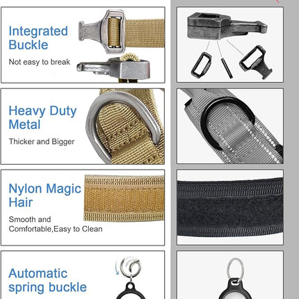 Hotsky Tactical Dog Collar, Adjustable Military Training Nylon Airtag Collar with Handle and Heavy Duty Metal Buckle for Medium Large Dogs, with Airtag Holder and Two Patches（Brown,L）