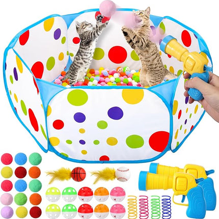 AIERSA Cat Ball Pit for Indoor Cats,Interactive Toy Included 200 Pom Pom Balls and Launcher&Springs&Jingle Balls&Feather Spring Ball,Cats Self Play Enrichment Stimulation Toys for Bored Cat