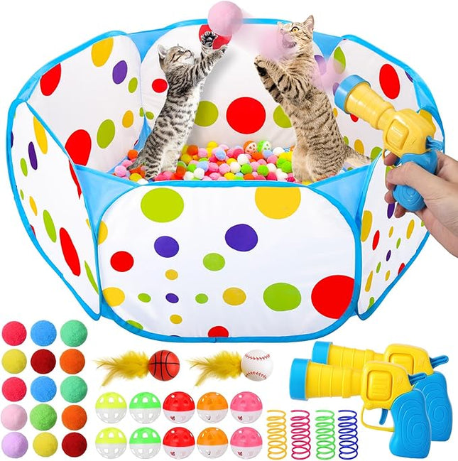 AIERSA Cat Ball Pit for Indoor Cats,Interactive Toy Included 200 Pom Pom Balls and Launcher&Springs&Jingle Balls&Feather Spring Ball,Cats Self Play Enrichment Stimulation Toys for Bored Cat