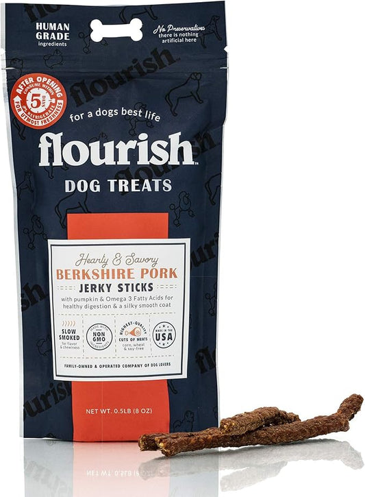 Flourish Pets Berkshire Pork Jerky/Meat Sticks, Dog Treats, Healthy Pet Training Chews (8 Ounces)