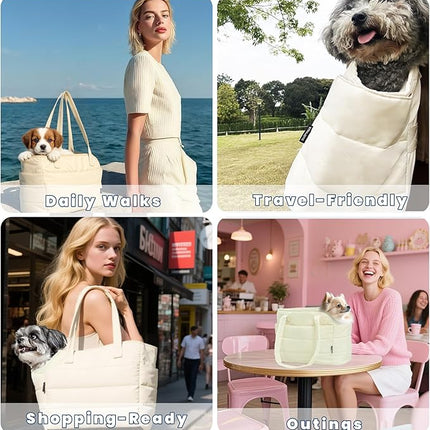 Lightweight Dog Purse Carrier for Small Dogs Under 15 lbs, Puffy Quilted Pet Carrier Tote for Puppies with Safety Leash Clip, Women's Hands-Free Dog Carrier Bag for Travel/Shopping (Beige)