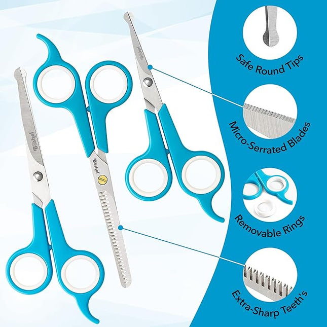 BOSHEL 3 Pc Dog Grooming Scissors Kit - 7" Scissor For Body Hair Trimming, 6" Small Micro-serrated Scissor For Face, Ear, & Paws, Thinning Shears For Dogs - Professional Dog Grooming Kit For Cat & Pet