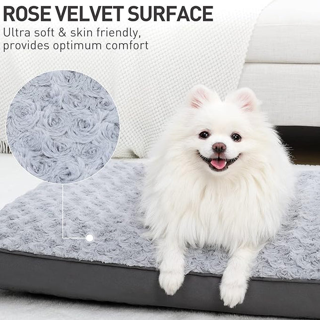 KSIIA Dog Crate Bed Waterproof for Small Dogs - Rose Velvet Soft Fluffy Washable with Removable Cover & Anti-Slip Bottom, 23 x 17 Inch, Light Gray
