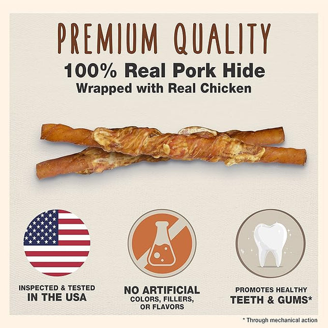 Cadet Gourmet 5-Inch Pork Hide Twist Chew Sticks, Long-Lasting and Natural Rawhide Chews for Dogs, Inspected & Tested in USA, Chicken Flavor, 22 Count