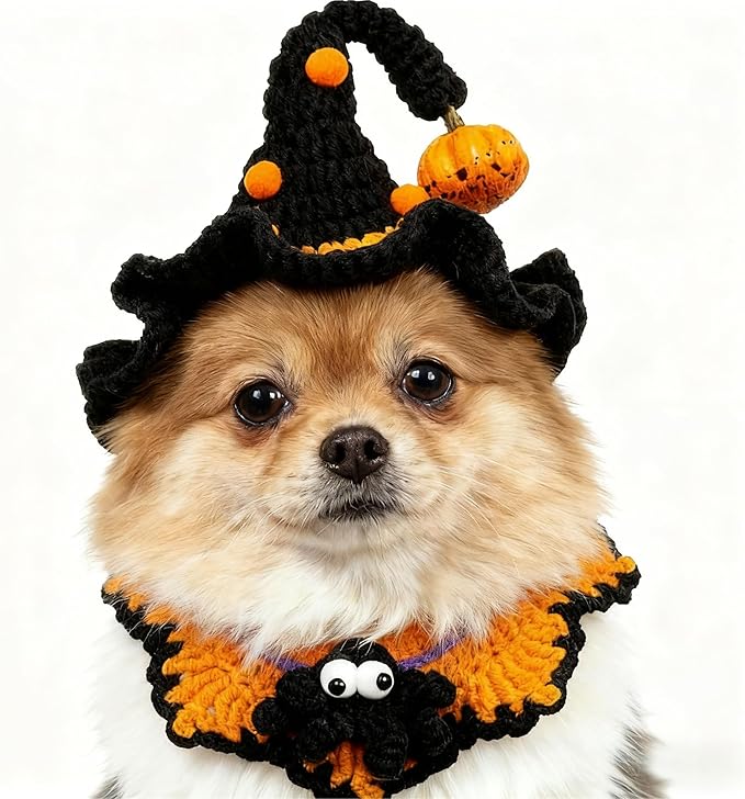 Hand-Knit Halloween Pet Costume-Spider & Black Witch Hat for Cats and Small Sized Dogs,Festive Halloween-Themed Cat Apparel,Comfortable and Breathable Dog Halloween Outfits,Cat Witch Costume