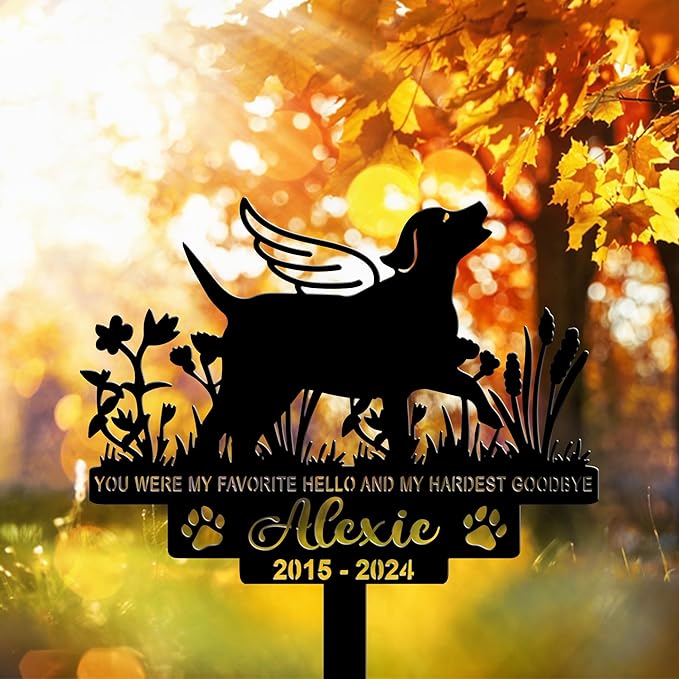 Personalized Dog Memorial Grave Marker, Custom Pet's Name Cemetery Decorations for Funerary, Metal Dog Burial Garden Stake, Outdoor Sympathy Angel Handstone Stake Plaque Gift for Loss
