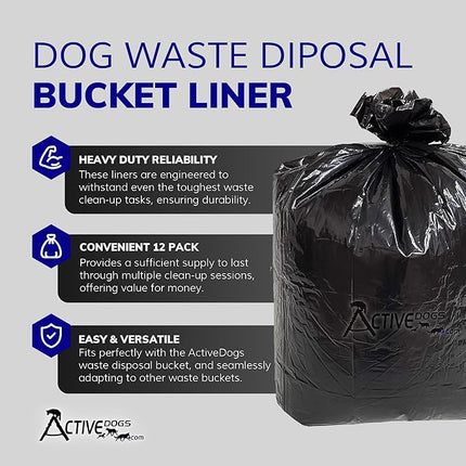 ActiveDogs Dog Poop Bucket Bags 12PK - Heavy Duty 5 Gallon Poop Bags for Dogs Waste Removal Trash Can, Bucket or Pail - Extra Thick 1.2ml Plastic Tear Resistant & Leak Proof Refill Liners