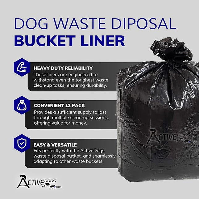 ActiveDogs Dog Poop Bucket Bags 12PK - Heavy Duty 5 Gallon Poop Bags for Dogs Waste Removal Trash Can, Bucket or Pail - Extra Thick 1.2ml Plastic Tear Resistant & Leak Proof Refill Liners