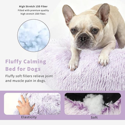 Dog Bed Medium Size 23 Inch Anti-Anxiety Donut Dog Cuddler Bed, Gradient Purple Fluffy Faux Fur Plush