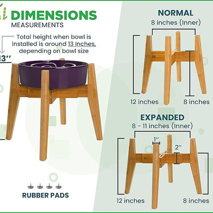 Dog Bowl Stand (12-inch High) - Ideal for Large Breeds - Adjustable Sideways, Slanted Feet - Elevates, Raises Pet Food Feeders, Water Dishes, Fountains, Dispensers - Bamboo Stand Only