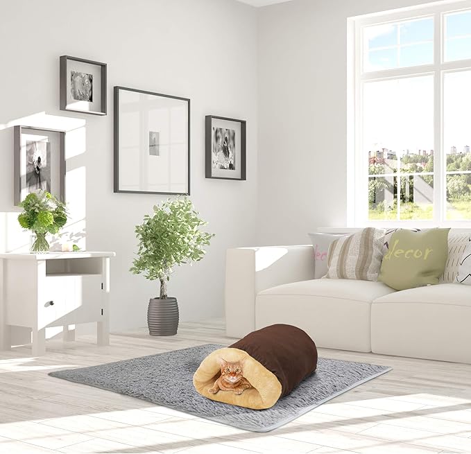 4 in 1 Self Warming Burrow Cat Bed, Pet Hideway Sleeping Cuddle Cave (Brown)