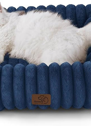 Bedsure Cute Dog Beds Large Sized Dog - Washable Furry Pet Beds, Rectangle Orthopedic Corduroy Fleece Puppy Beds with Removable Zipper Cover, 20x19x6 inches,Night Blue