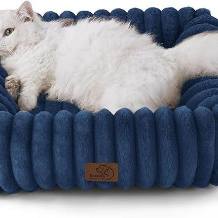 Bedsure Cute Dog Beds Large Sized Dog - Washable Furry Pet Beds, Rectangle Orthopedic Corduroy Fleece Puppy Beds with Removable Zipper Cover, 20x19x6 inches,Night Blue