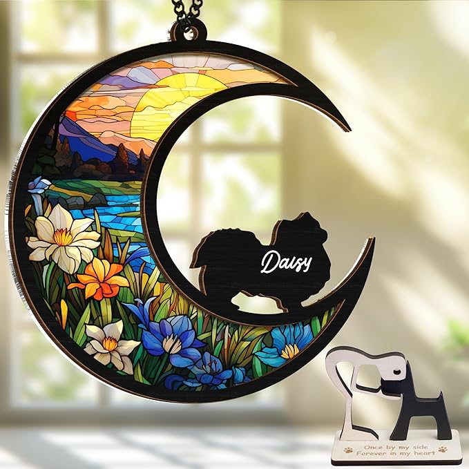 6'' Chihuahua Long Hair Dog Memorial Suncatcher Custom Name Dog Breed Pet Ornament Window Car Hanging Sympathy Gift for Loss of Pet Passed Away Remembrance Gift for Dog Lovers SCD-B11-6-24