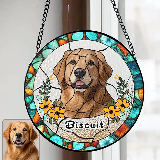 Gabita Custom Pet Portrait Stained Glass Ornaments, Memorial Dog Portrait Art Window Hanging, Dogs Cat Ornament Christmas Tree, Dog Sympathy Gift, Pet Memorial Ornament
