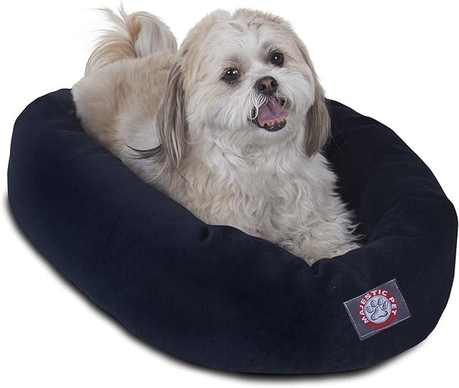Majestic Pet 24 Inch Micro Velvet Calming Dog Bed Washable – Cozy Soft Round Dog Bed with Spine for Head Support - Fluffy Donut Puppy Mat 24x19x7 (inch) Small – Navy (2025)