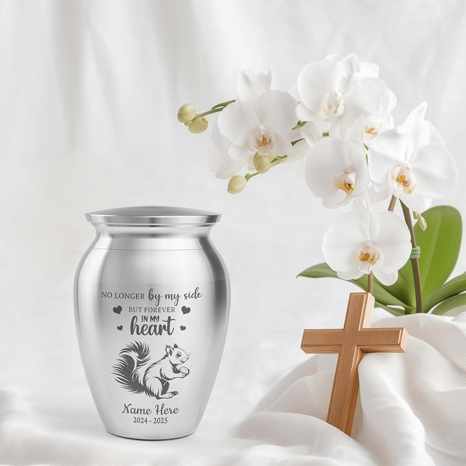Artsy Woodsy Squirrel Memorial Mini Urn for Human Ashes Keepshake, Decorative Keepsake Urn with Engraved Squirrel 2.56 inch, Small Memorial Gifts for Pet Lovers (03, 2.56 x 1.77)