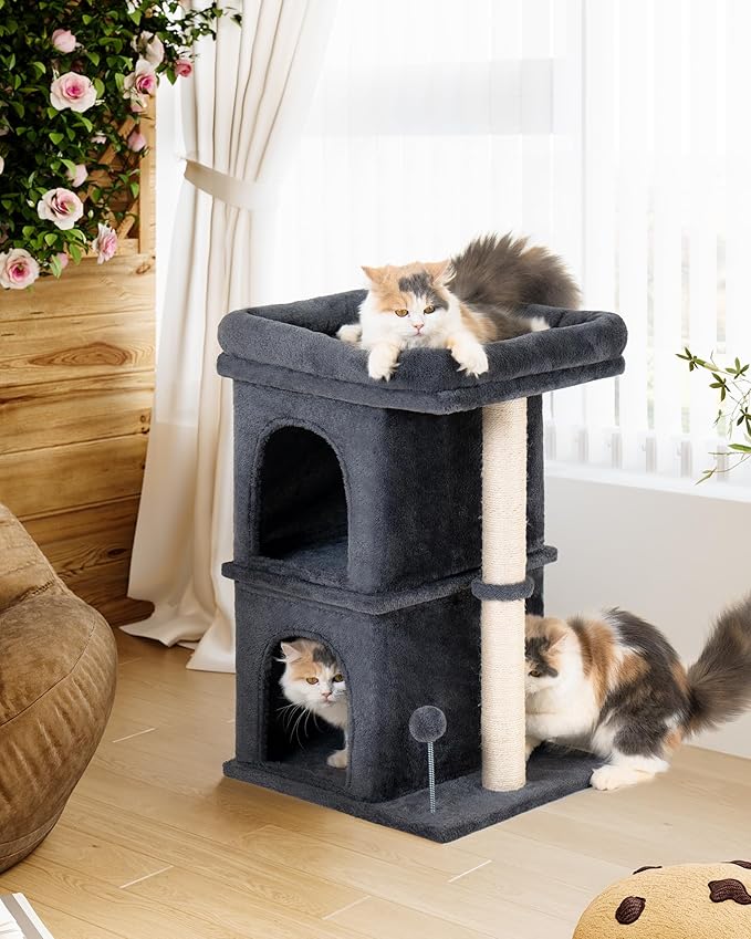24in Cat Tree Tower with Scratching Post, 19 * 16.5in Window Perch Bed for Large Adult Cats, 2 Small Condo Cubbies for Indoor Kittens, Dark Gray