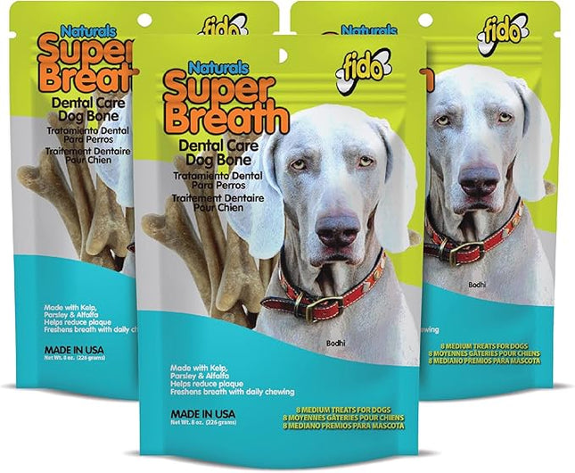 FIDO - Super Breath Dental Care Bones for Dogs - 8 Treats Per Pack (3 Pack) - Dog Dental Treats for Medium Dogs (Made in USA) - Dog Dental Chews Help Reduce Plaque, Tartar Buildup, and Freshens Breath