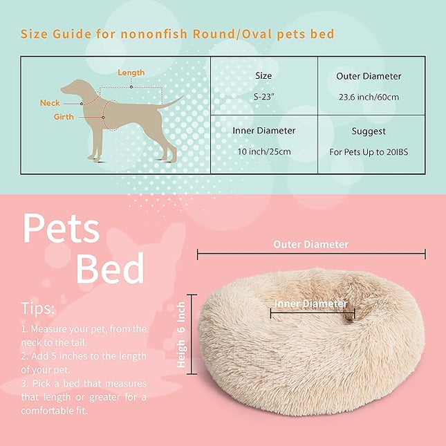 nononfish Puppy Bed for Small Dogs Washable Calming Cat Beds for Indoor Cats Anti-Slip Round Fluffy Plush Faux Fur fits up to 25 lbs Pets,23 inches Beige