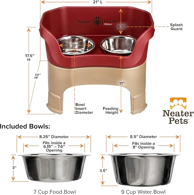 Neater Feeder Deluxe Mess Proof Dog Bowls Elevated for Large Dogs – Made in USA – No Spill Raised Dog Food Bowl Stand w/Leg Extensions – Stainless Steel Dog Food and Water Bowl Set – Red
