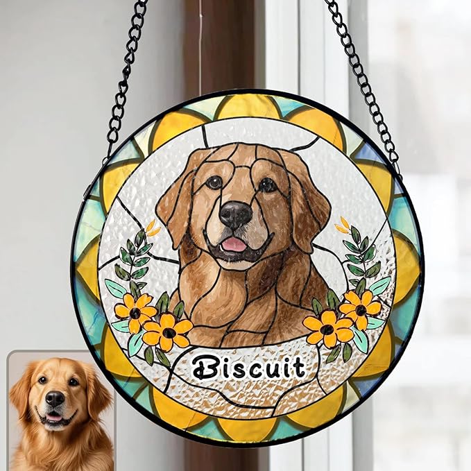 Gabita Custom Pet Portrait Stained Glass Ornaments, Memorial Dog Portrait Art Window Hanging, Dogs Cat Ornament Christmas Tree, Dog Sympathy Gift, Pet Memorial Ornament