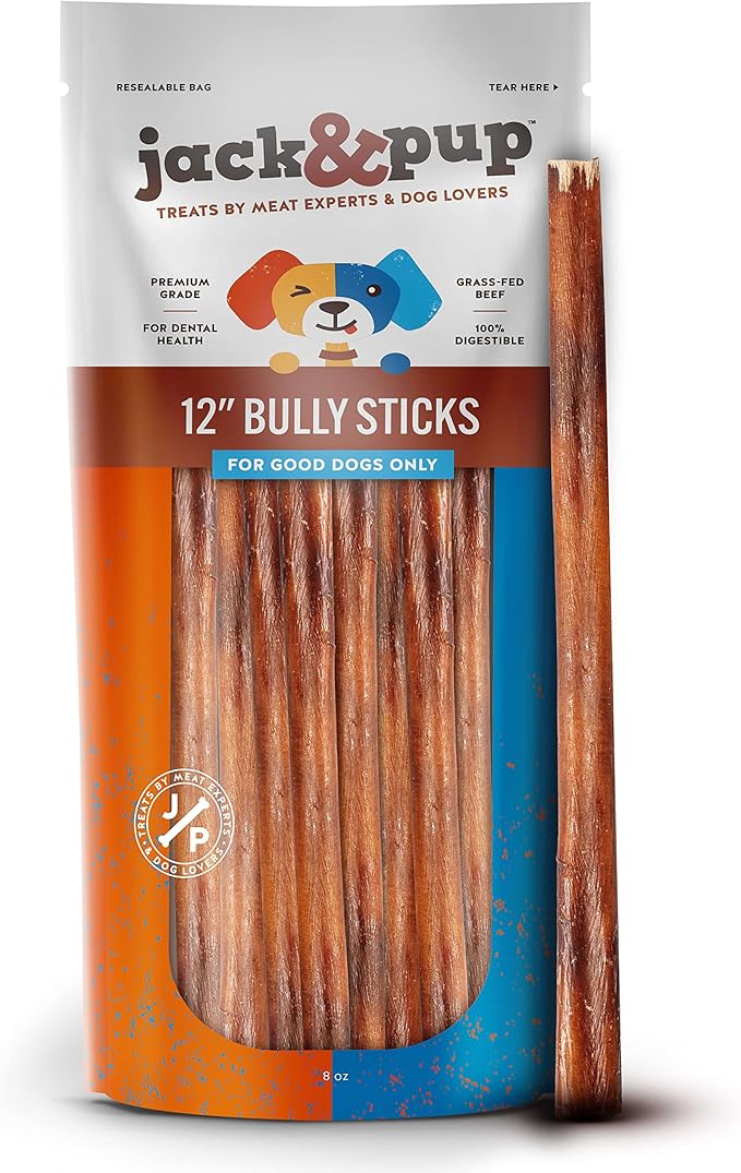 Jack&Pup 12" Bully Sticks Dog Chews | Odor Free Bully Sticks | Single Ingredient, All Natural Pizzle Sticks for Dogs (8oz, 5/6 Sticks)