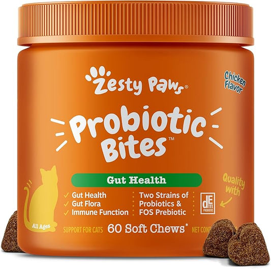 Zesty Paws Probiotic Bites for Cats - Gut Flora & Immune System Support - Cat Supplement with DE111 Bacillus subtilis - Pet Soft Chews with Probiotics & Prebiotics for Digestive Health - 60 Count
