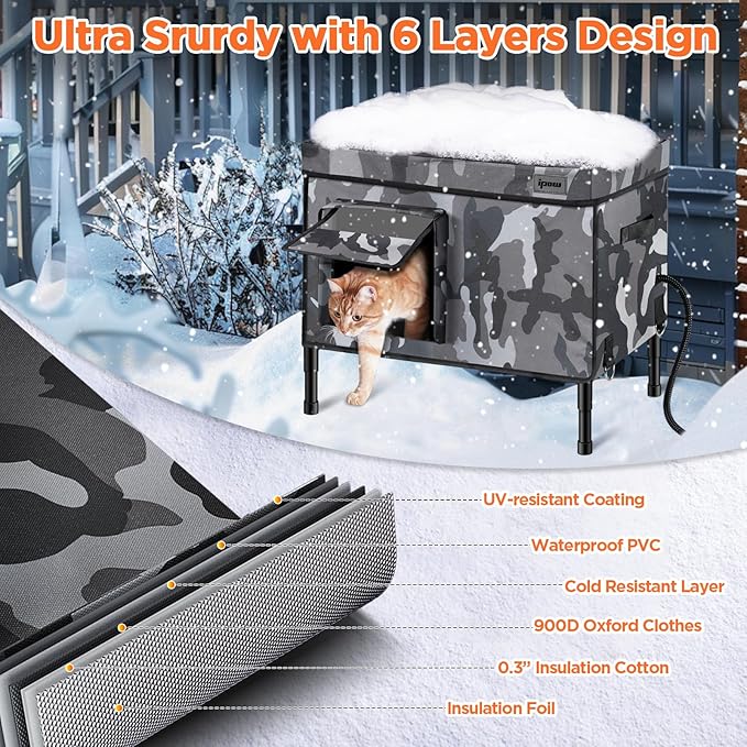 IPOW Extra Large Heated Cat House for Outside 6 Layers Ultra Sturdy Cat Houses for Outdoor Cats, 100% Waterproof with 900D Oxford Fabric & Fully Insulated Weatherproof Heated Plush Pad