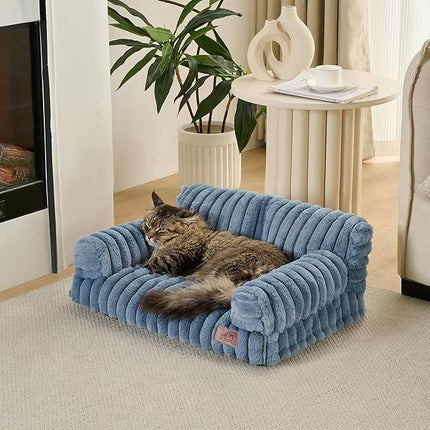 Hollypet Fluffy Plush Pet Cat Couch Soft Calming Pet Sofa Beds for Medium Small Cats and Dogs, Haze Blue