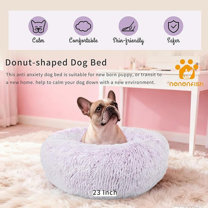 Dog Bed Medium Size 23 Inch Anti-Anxiety Donut Dog Cuddler Bed, Gradient Purple Fluffy Faux Fur Plush