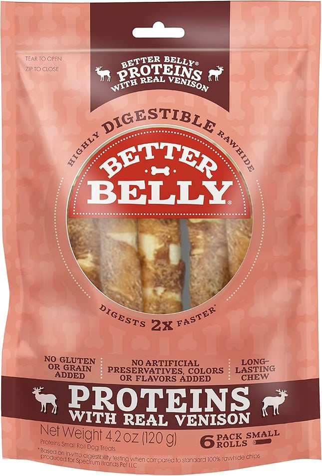 Better Belly Proteins with Real Venison Small Rolls 6 Count, Digestible Rawhide for Dogs, 4.2 OZ