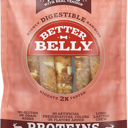 Better Belly Proteins with Real Venison Small Rolls 6 Count, Digestible Rawhide for Dogs, 4.2 OZ