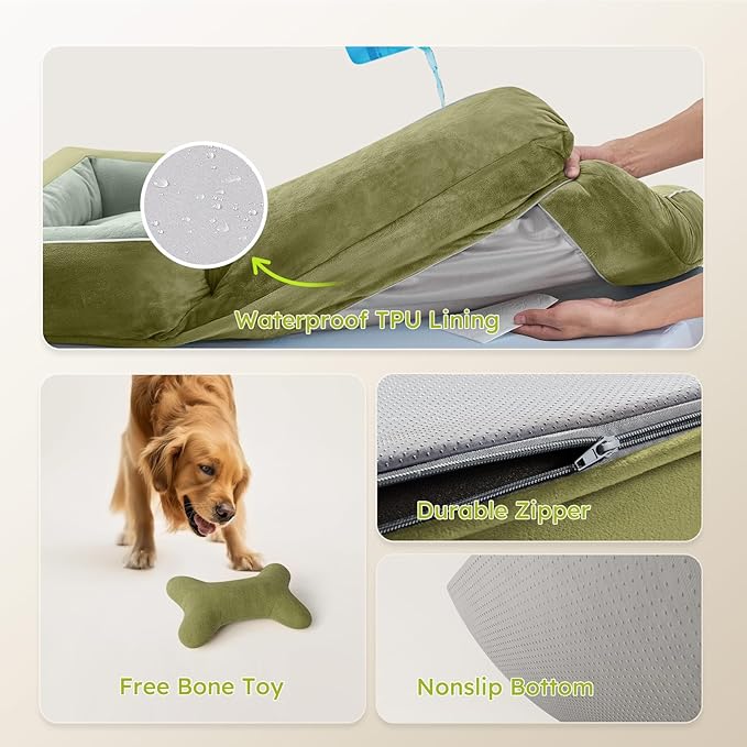 XXL Dog Bed for Extra Large Dogs, Giant Orthopedic Dog Bed with Cooling Gel Memory Foam, Waterproof Pet Bed with Removable Washable Cover, 53" Pet Sofa bed Dutch Velvet with Bone Toy, Dark Green