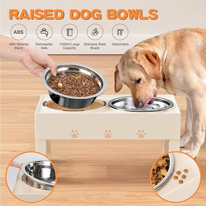 Elevated Dog Bowls with Mat, Raised Dog Food Bowl Stand with 2 Stainless Steel Bowls, 5 Height Adjustable (3.1", 9", 10", 11", 12") Non-Slip Feeder Set for Medium and Large Dogs – Apricot