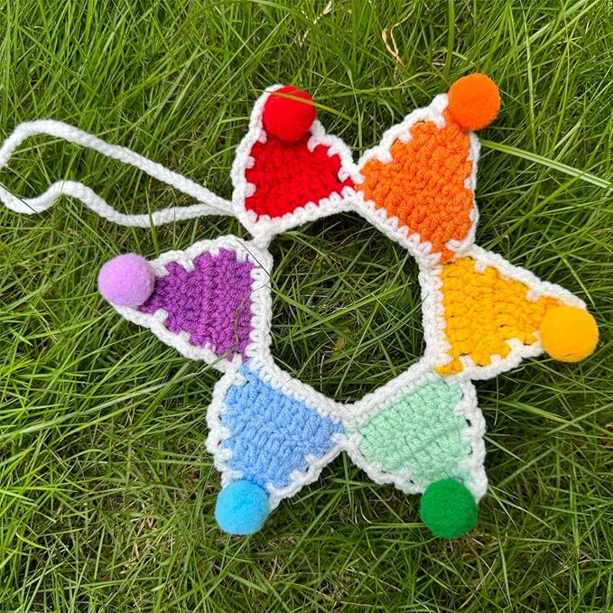 Halloween Cat Costume,Handmade Knitted Rainbow Dog Bandanas,Five-Pointed Star Cat Outfit,Dog Costume,Outfit Accessories(Rainbow)
