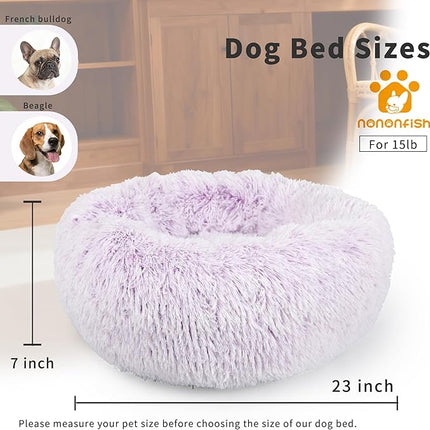 Dog Bed Medium Size 23 Inch Anti-Anxiety Donut Dog Cuddler Bed, Gradient Purple Fluffy Faux Fur Plush