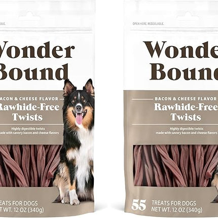 Amazon Brand - Wonder Bound Bacon & Cheese Flavor Dog Twist Sticks - 55 Count - Rawhide-Free Dog Treats, Dental Health Chews for Plaque & Tartar Control, Easy to Digest, Long-Lasting (Pack of 2)