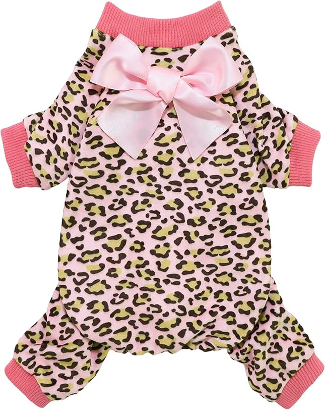 Fitwarm Leopard Dog Pajamas, Fleece Dog Clothes for Small Dogs Girl with Legs, Pet Onesie, Cat Outfit, Pink, Medium