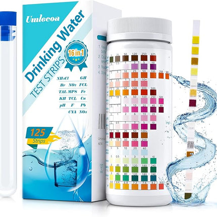 16 in 1 Premium Water Test Kit - 125 Home Water Quality Test Strips for Well and Tap Test Kit - Testing for pH, Hardness, Chlorine, Lead, Iron, Copper, Nitrate, Nitrite, etc