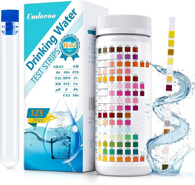 16 in 1 Premium Water Test Kit - 125 Home Water Quality Test Strips for Well and Tap Test Kit - Testing for pH, Hardness, Chlorine, Lead, Iron, Copper, Nitrate, Nitrite, etc
