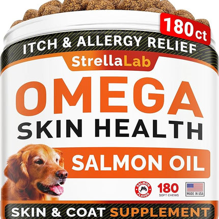 STRELLALAB Omega 3 for Dogs - (180Ct) Fish Oil Treats - Allergy & Itch Relief Skin & Coat Supplement - Dry Itchy Skin, Anti Shedding & Hot Spots Treatment - Pet Salmon Oil Chews - Salmon Flavor