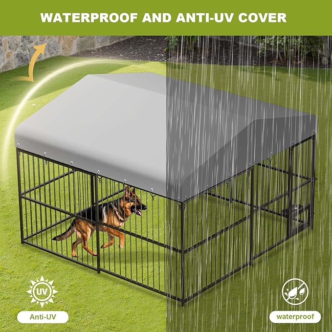 10 x 10FT Large Dog Kennel, Heavy Duty Metal Outdoor Dog Kennel, Outside Dog Playpen with Roof & Feeding Door