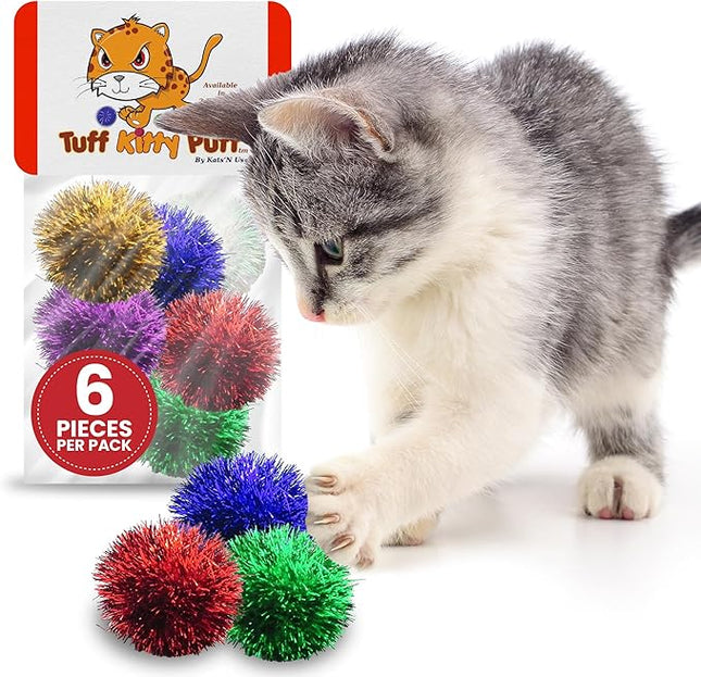 Tuff Kitty Puff Pack of 6 Jumbo 2 Inch Sparkle Tinsel Balls for Cats – Assorted Colors, Interactive Exercise Toys for Indoor Cats & Kittens, Lightweight Durable Balls for Chasing & Batting Play